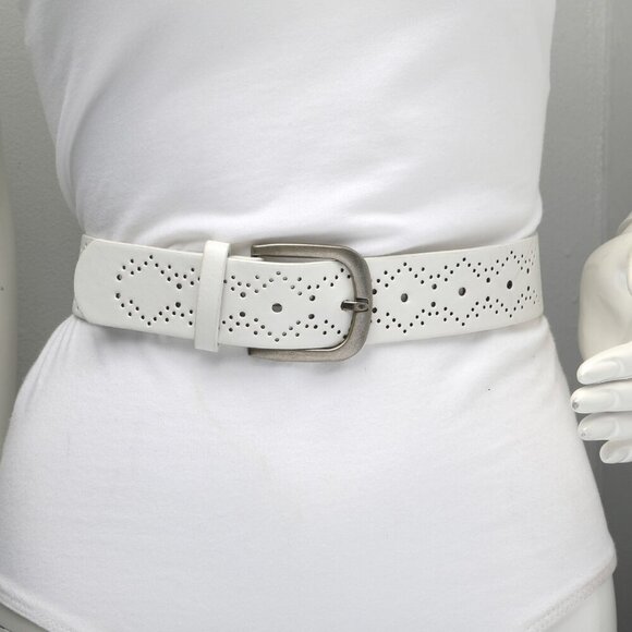 Faux Leather Perforated Die Cut Belt White Silver Buckle Retro Y2K - Picture 3 of 8